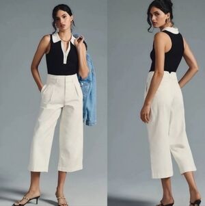 Maeve by Anthropologie Ivory High-Rise Wide-Leg Pleated Pants Size 12